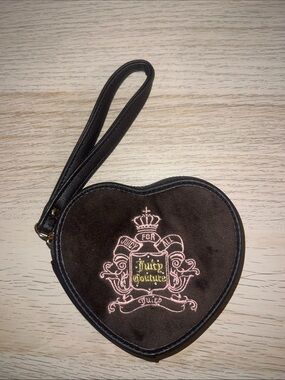 Juicy Couture Dark Brown Heart Wristlet with Pink Crest Embroidery